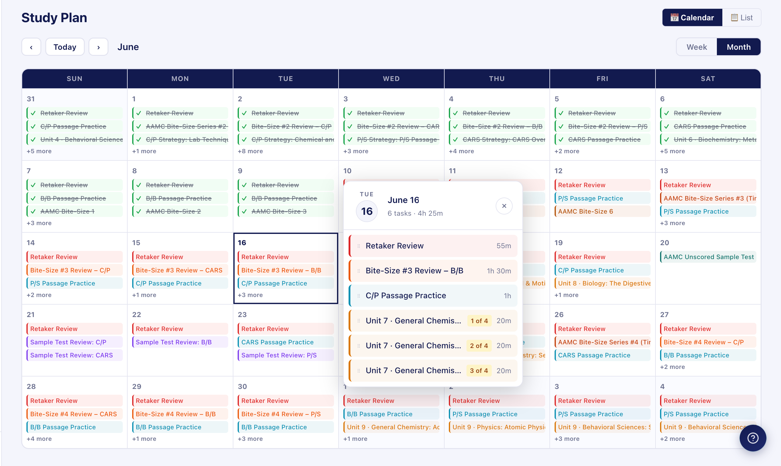 Pillar Prep study plan calendar